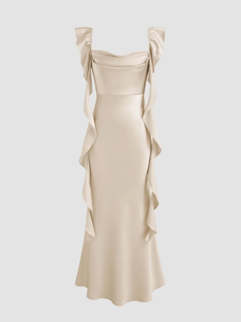 Cider Satin Cowl Neck Solid Ruffle Hem Maxi Dress